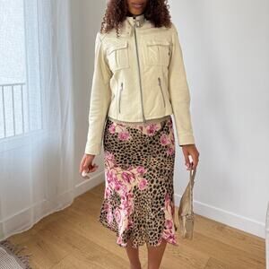 Vintage Euro ivory leather moto zip jacket with buckle collar (Small)